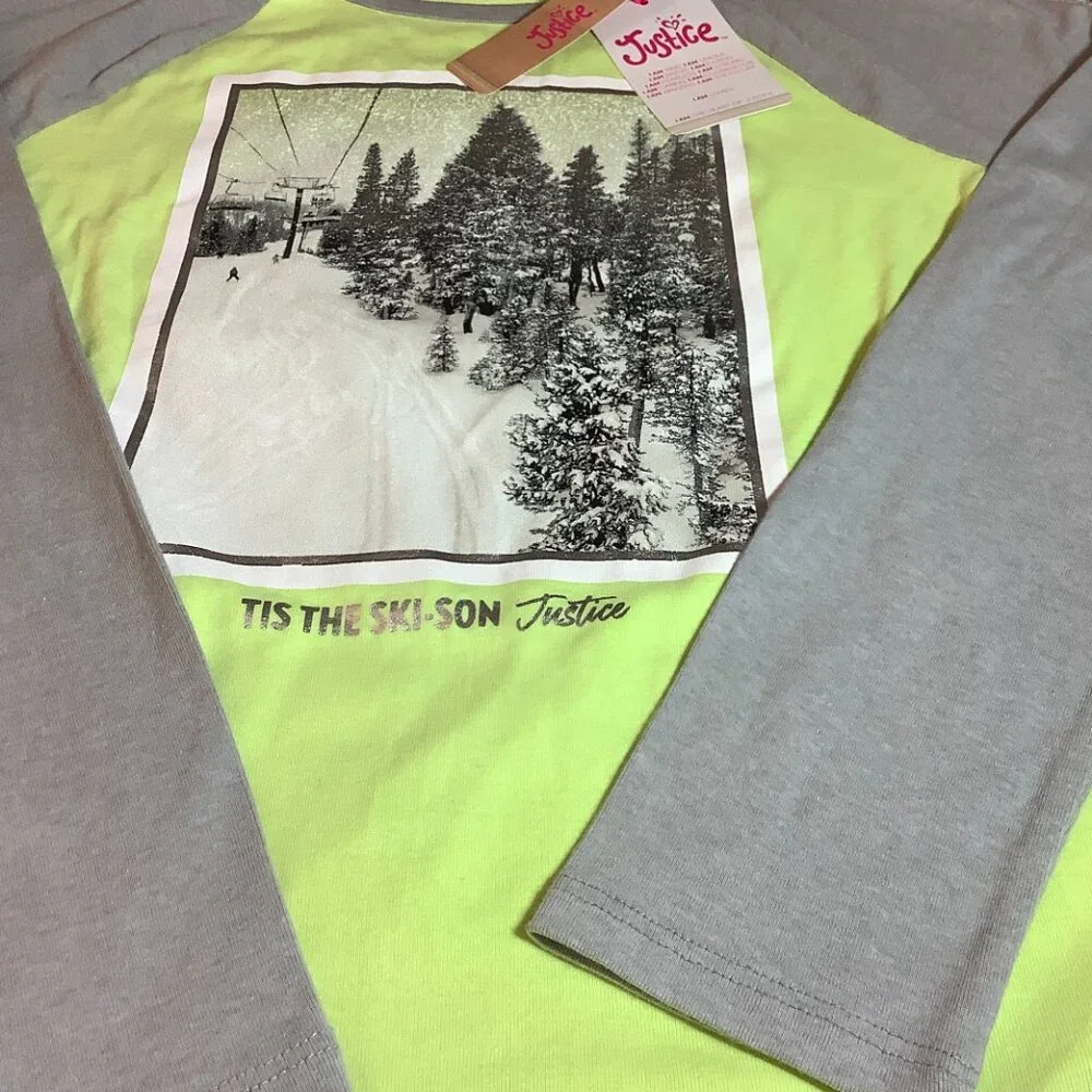 Girls Justice Tee Winter Scene Green Gray Large 12/14 NWT